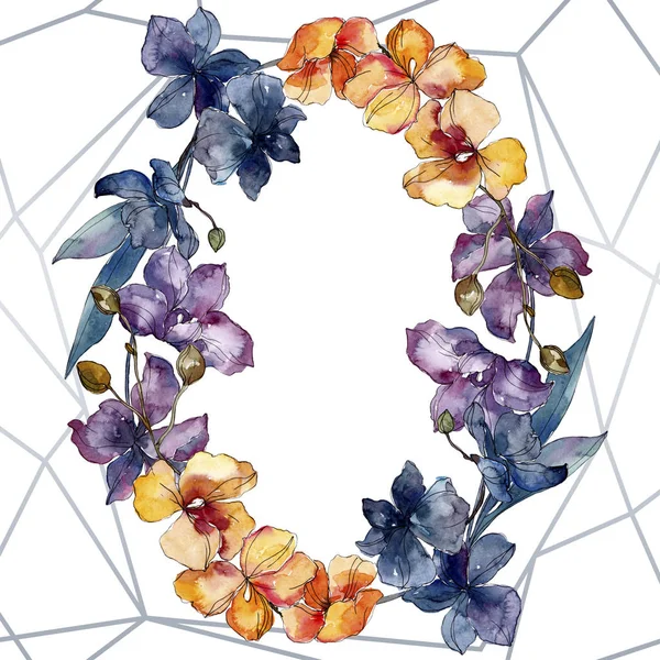 Flores botânicas florais de orquídea. Conjunto de ilustração de fundo aquarela. Quadro borda ornamento quadrado . — Fotografia de Stock