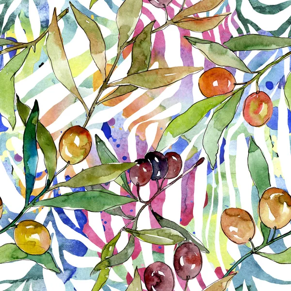 Olive branch with black and green fruit. Watercolor background illustration set. Seamless background pattern. — Stock Photo