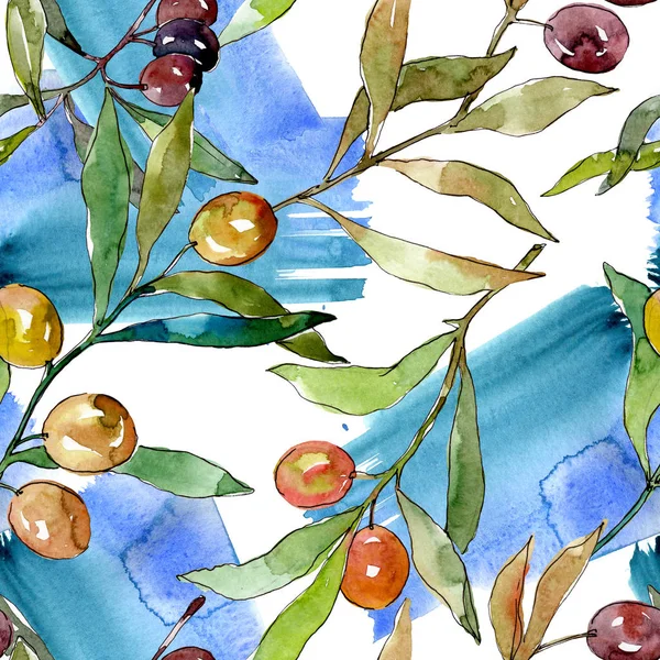 Branche d'olivier aux fruits noirs et verts. Ensemble d'illustration de fond aquarelle. Modèle de fond sans couture . — Photo de stock