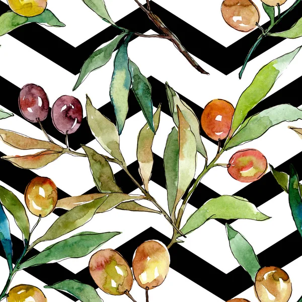 Olive branch with black and green fruit. Watercolor background illustration set. Seamless background pattern. — Stock Photo