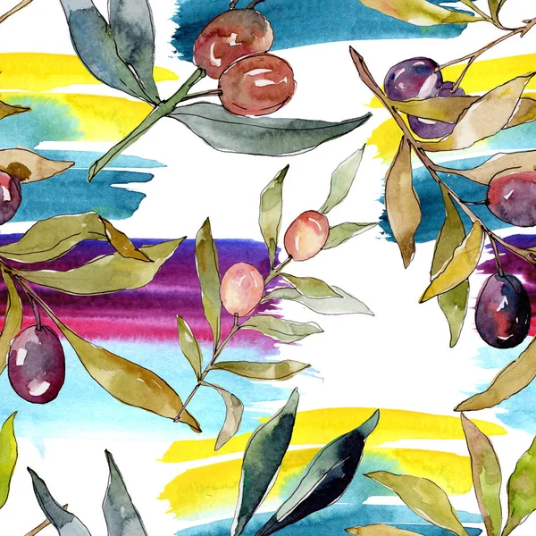 Olive branch with black and green fruit. Watercolor background illustration set. Watercolour drawing fashion aquarelle isolated. Seamless background pattern. Fabric wallpaper print texture. — Stock Photo