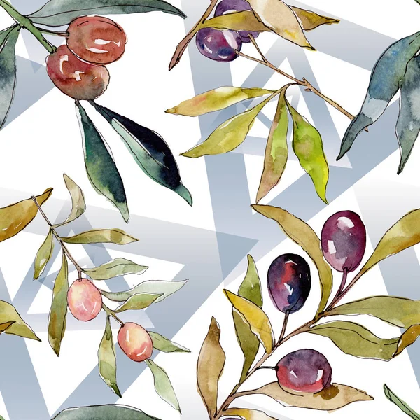 Olive branch with black and green fruit. Watercolor background illustration set. Watercolour drawing fashion aquarelle isolated. Seamless background pattern. Fabric wallpaper print texture. — Stock Photo