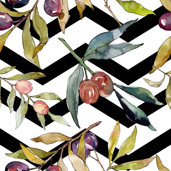 Olive branch with black and green fruit. Watercolor background illustration set. Watercolour drawing fashion aquarelle isolated. Seamless background pattern. Fabric wallpaper print texture. — Stock Photo