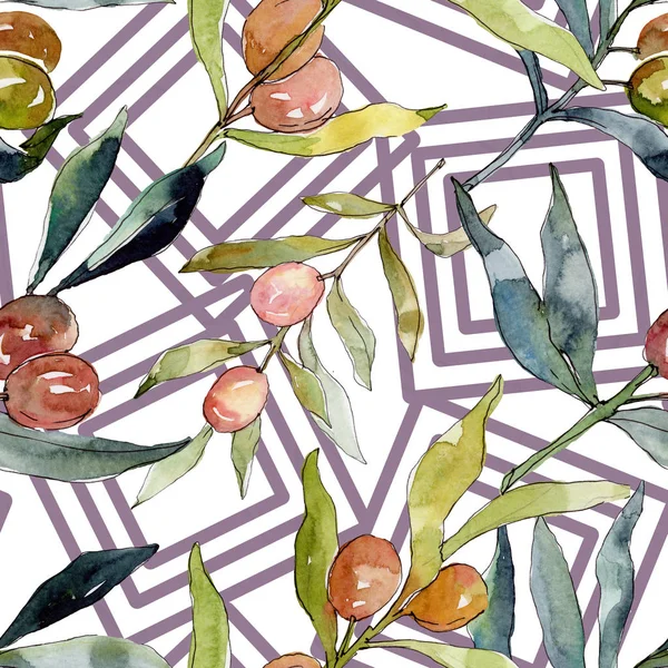 Olive branch with black and green fruit. Watercolor background illustration set. Watercolour drawing fashion aquarelle isolated. Seamless background pattern. Fabric wallpaper print texture. — Stock Photo