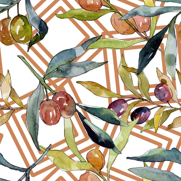 Olive branch with black and green fruit. Watercolor background illustration set. Watercolour drawing fashion aquarelle isolated. Seamless background pattern. Fabric wallpaper print texture. — Stock Photo