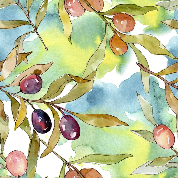 Olive branch with black and green fruit. Watercolor background illustration set. Watercolour drawing fashion aquarelle isolated. Seamless background pattern. Fabric wallpaper print texture. — Stock Photo