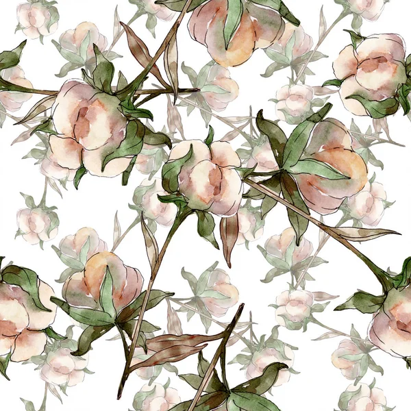 Fiori botanici floreali in cotone bianco. Set illustrazione acquerello. Modello di sfondo senza soluzione di continuità. Carta da parati stampa texture . — Foto stock