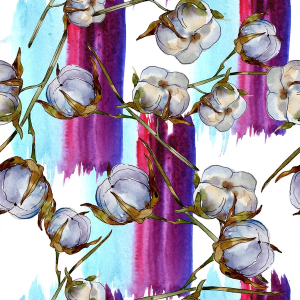 Botanische Blumen aus weißer Baumwolle. Aquarell-Illustrationsset vorhanden. nahtlose Hintergrundmuster. Tapete drucken Textur. — Stockfoto