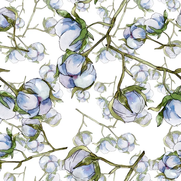 Fleurs botaniques florales en coton blanc. Ensemble d'illustration aquarelle. Modèle de fond sans couture. Texture d'impression papier peint . — Photo de stock