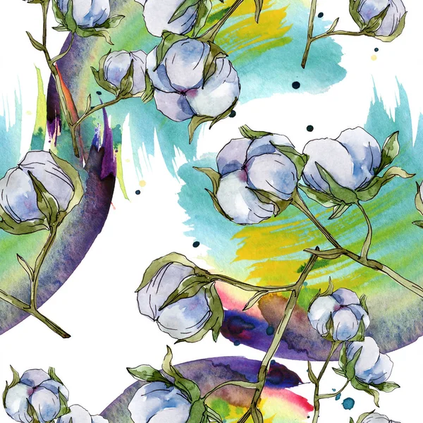 Fleurs botaniques florales en coton blanc. Ensemble d'illustration aquarelle. Modèle de fond sans couture. Texture d'impression papier peint . — Photo de stock