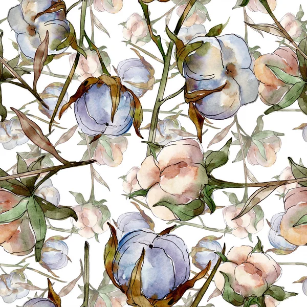 Flores botánicas florales de algodón blanco. Juego de ilustración en acuarela. Patrón de fondo sin costuras. Fondo de pantalla imprimir textura . - foto de stock