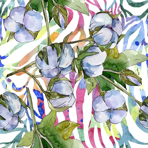 Flores botânicas florais de algodão branco. Conjunto de ilustrações aquarela. Padrão de fundo sem costura. Papel de parede textura de impressão . — Fotografia de Stock