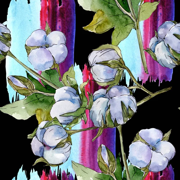 Flores botánicas florales de algodón blanco. Juego de ilustración en acuarela. Patrón de fondo sin costuras. Fondo de pantalla imprimir textura . - foto de stock