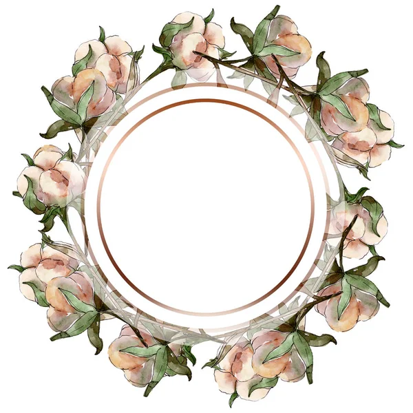Fiori botanici floreali in cotone bianco. Acquerello sfondo illustrazione set. cornice ornamento di cristallo bordo con spazio copia . — Foto stock