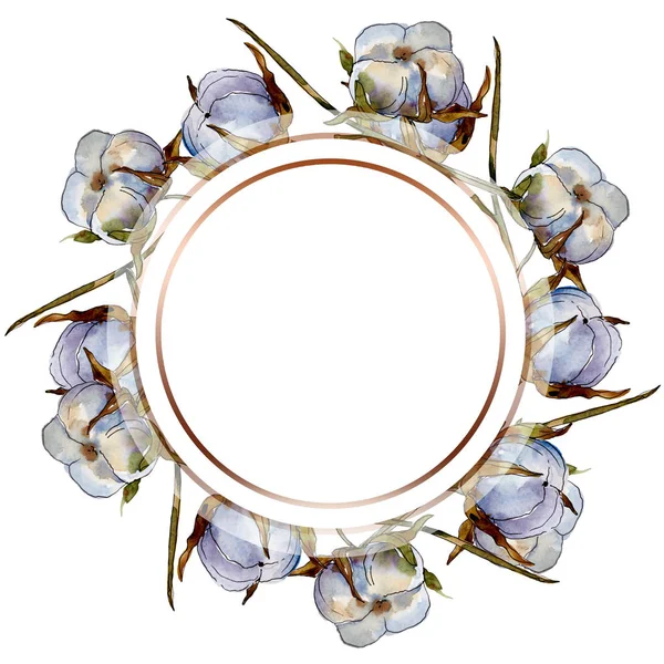 Fiori botanici floreali in cotone bianco. Acquerello sfondo illustrazione set. cornice ornamento di cristallo bordo con spazio copia . — Stock Photo