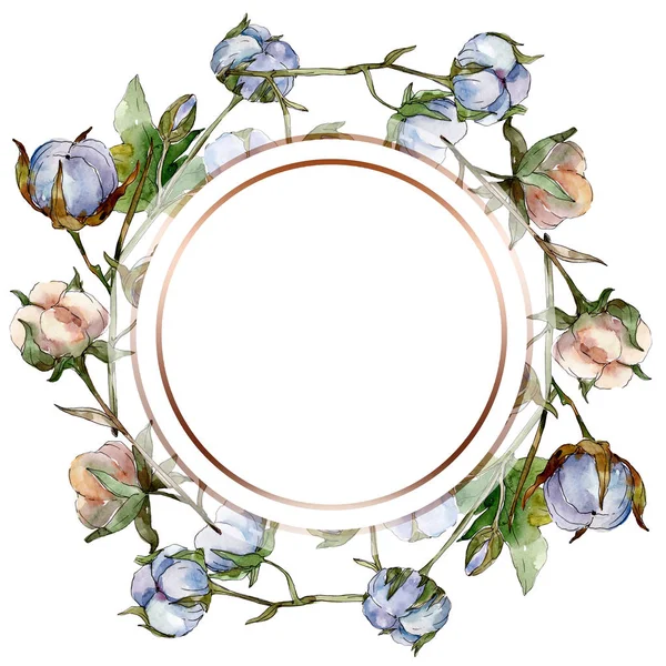 Flores botânicas florais de algodão branco. Conjunto de ilustração de fundo aquarela. Moldura borda ornamento de cristal com espaço de cópia . — Fotografia de Stock