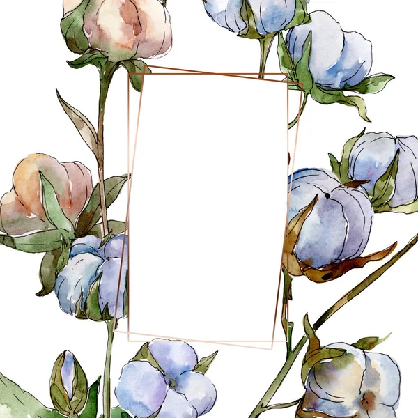 Fleurs botaniques florales en coton blanc. Ensemble d'illustration de fond aquarelle. Cadre bordure cristal ornement avec espace de copie . — Photo de stock