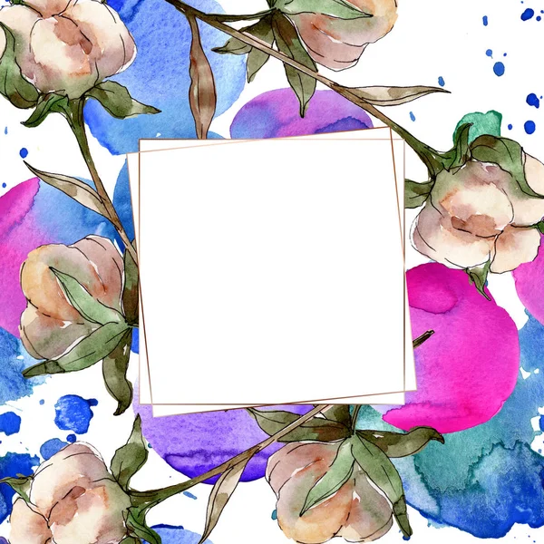 White cotton floral botanical flowers. Watercolor background illustration set. Frame border crystal ornament with copy space. — Stock Photo