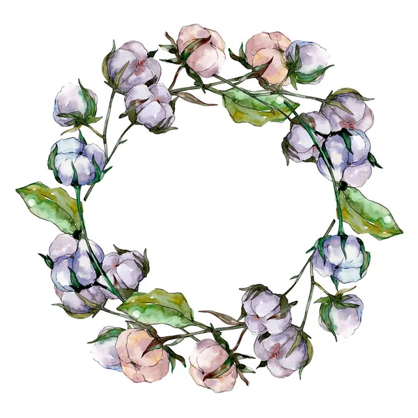 Flor botânica floral de algodão. Folha selvagem primavera wildflower isolado. Conjunto de ilustração de fundo aquarela. Aquarelle desenho aquarelle moda isolado. Quadro borda ornamento quadrado . — Fotografia de Stock