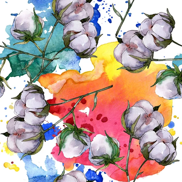 Cotton floral botanical flower. Wild spring leaf wildflower. Watercolor illustration set. Watercolour drawing fashion aquarelle. Seamless background pattern. Fabric wallpaper print texture. — Stock Photo