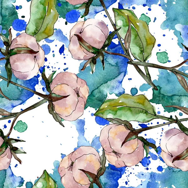 Flor botánica floral de algodón. Flor silvestre de hoja de primavera. Juego de ilustración en acuarela. Acuarela dibujo moda aquarelle. Patrón de fondo sin costuras. Textura de impresión de papel pintado de tela . - foto de stock