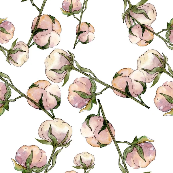 Cotton floral botanical flower. Wild spring leaf wildflower. Watercolor illustration set. Watercolour drawing fashion aquarelle. Seamless background pattern. Fabric wallpaper print texture. — Stock Photo