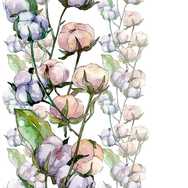 Flor botánica floral de algodón. Flor silvestre de hoja de primavera. Juego de ilustración en acuarela. Acuarela dibujo moda aquarelle. Patrón de fondo sin costuras. Textura de impresión de papel pintado de tela . - foto de stock