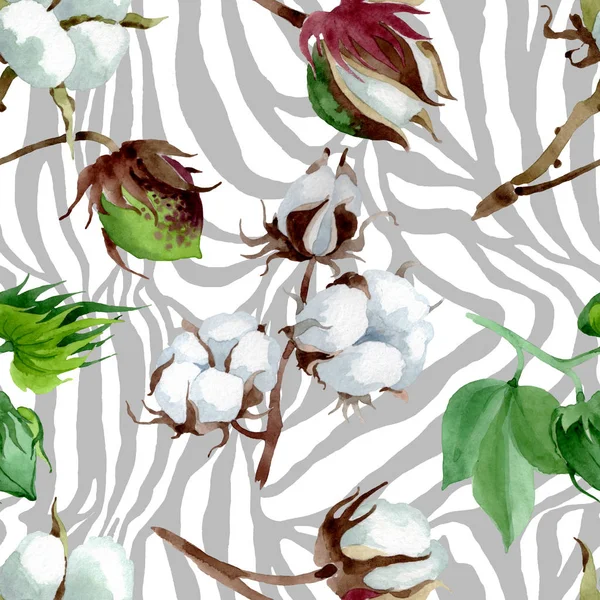 White cotton floral botanical flower. Wild spring leaf wildflower. Watercolor illustration set. Watercolour drawing fashion aquarelle. Seamless background pattern. Fabric wallpaper print texture. — Stock Photo