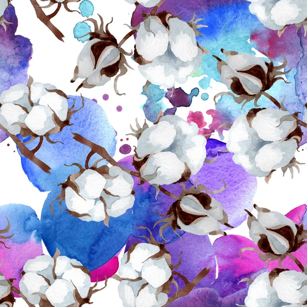 White cotton floral botanical flower. Wild spring leaf wildflower. Watercolor illustration set. Watercolour drawing fashion aquarelle. Seamless background pattern. Fabric wallpaper print texture. — Stock Photo