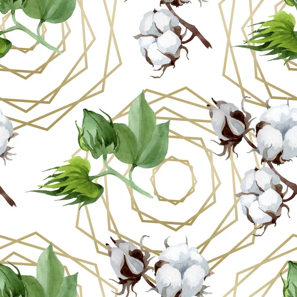 White cotton floral botanical flower. Wild spring leaf wildflower. Watercolor illustration set. Watercolour drawing fashion aquarelle. Seamless background pattern. Fabric wallpaper print texture. — Stock Photo