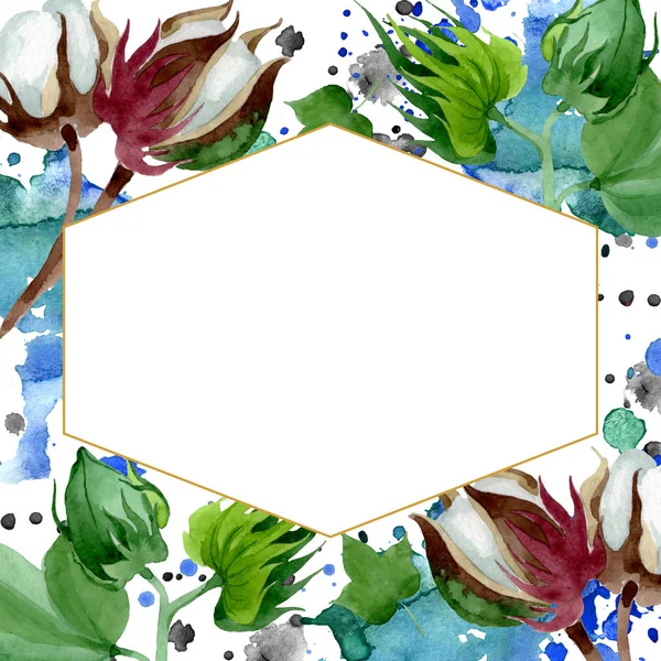 Біла бавовняна квіткова ботанічна квітка. Дикий весняний лист дикої квітки. Набір ілюстрацій для акварельного фону. Акварель для акварелі. Каркас бордюру кришталевий орнамент квадрат . — стокове фото