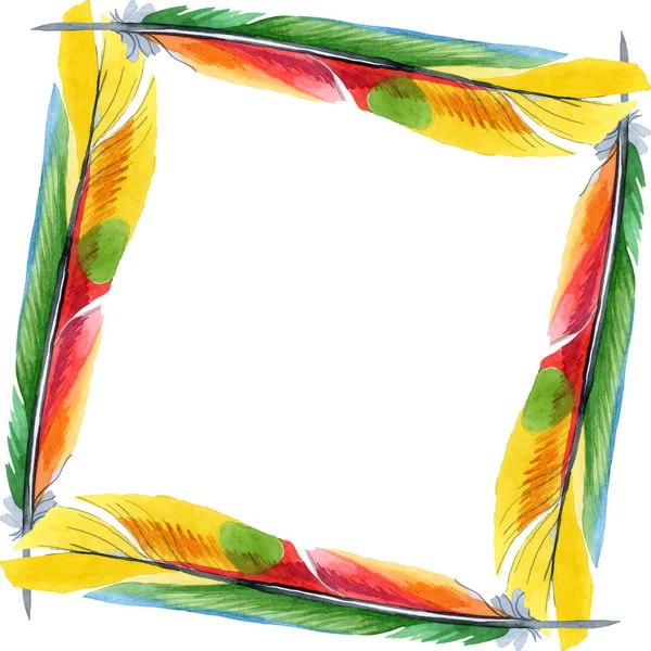 Bunte Vogelfeder vom Flügel isoliert. Aquarell Hintergrundillustration Set. Rahmen Rand Ornament Quadrat. — Stockfoto