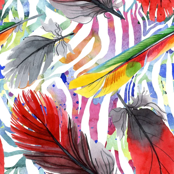Colorful bird feather from wing isolated. Watercolour drawing fashion aquarelle. Fabric wallpaper print texture. — Stock Photo