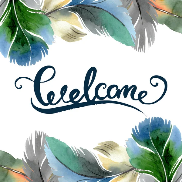 Colorful bird feather from wing isolated. Watercolor background illustration set. Frame border ornament square. — Stock Photo