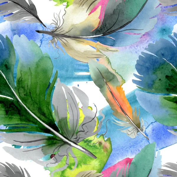 Bunte Vogelfeder vom Flügel isoliert. Aquarell Hintergrundillustration Set. nahtloses Hintergrundmuster. — Stockfoto