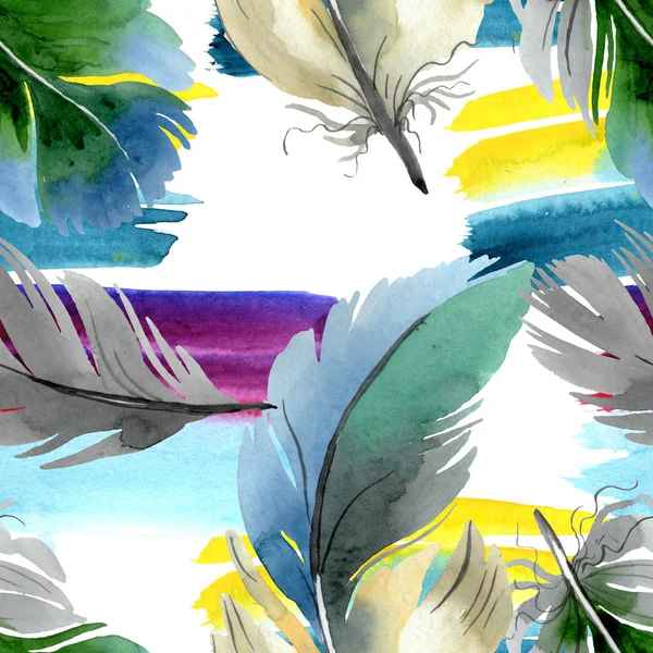 Plume d'oiseau colorée de l'aile isolée. Ensemble d'illustration de fond aquarelle. Modèle de fond sans couture
. — Photo de stock