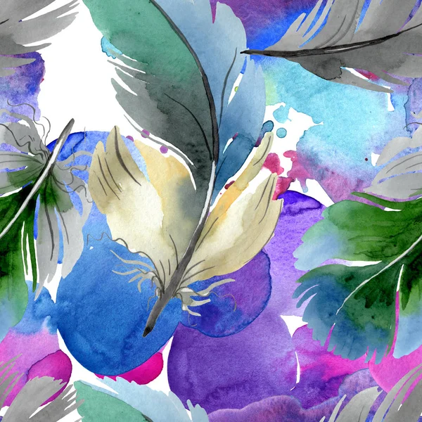 Colorful bird feather from wing isolated. Watercolor background illustration set. Seamless background pattern. — Stock Photo