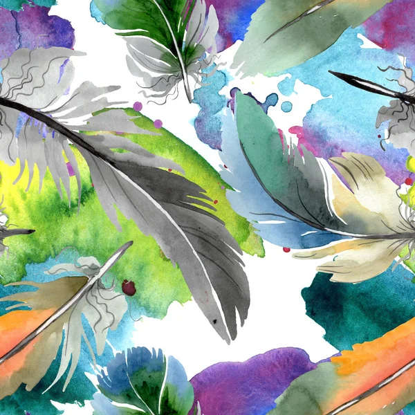 Bunte Vogelfeder vom Flügel isoliert. Aquarell Hintergrundillustration Set. nahtloses Hintergrundmuster. — Stockfoto