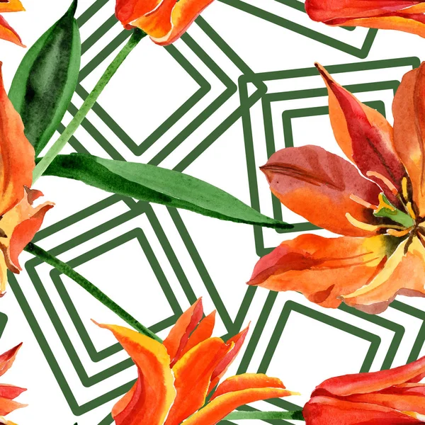 Помаранчевий тюльпан квіткових ботанічних квітів. Набір ілюстрацій для акварельного фону. Безшовний візерунок тла . — стокове фото