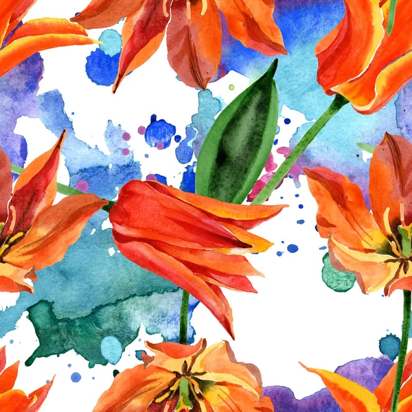 Orangefarbene Tulpenblüten. Aquarell Hintergrundillustration Set. nahtloses Hintergrundmuster. — Stockfoto