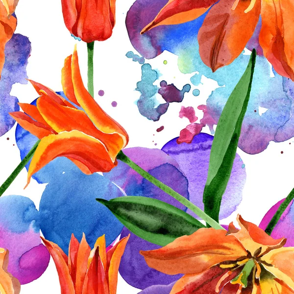 Laranja tulipa flores botânicas florais. Conjunto de ilustração de fundo aquarela. Padrão de fundo sem costura . — Fotografia de Stock