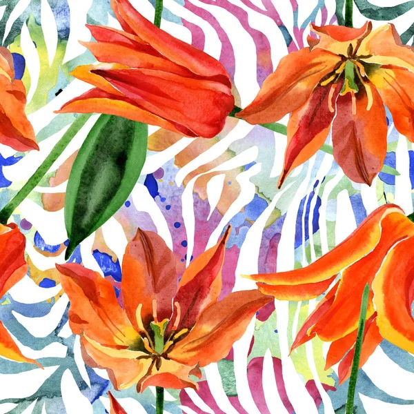 Fleurs botaniques florales de tulipe orange. Ensemble d'illustration de fond aquarelle. Modèle de fond sans couture . — Photo de stock