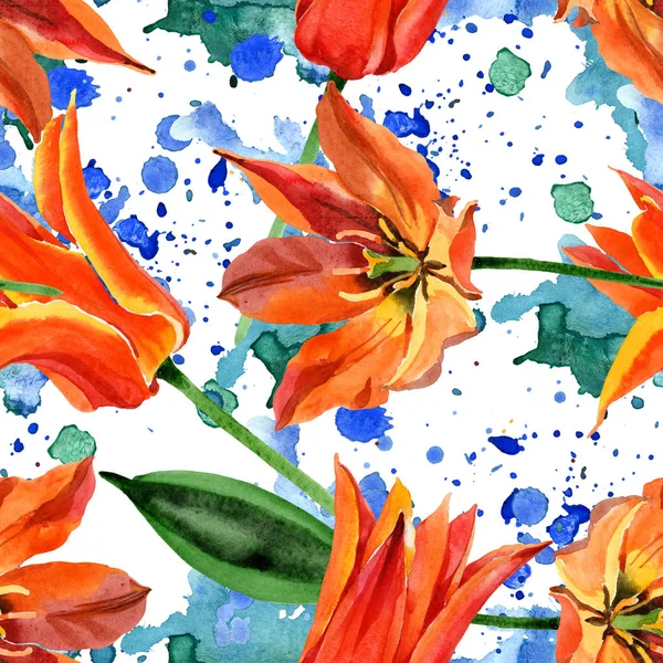 Orangefarbene Tulpenblüten. Aquarell Hintergrundillustration Set. nahtloses Hintergrundmuster. — Stockfoto