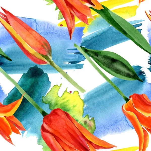 Flores botánicas florales de tulipán naranja. Conjunto de ilustración de fondo acuarela. Patrón de fondo sin costuras . - foto de stock