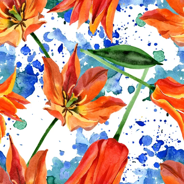 Orangefarbene Tulpenblüten. Aquarell Hintergrundillustration Set. nahtloses Hintergrundmuster. — Stockfoto