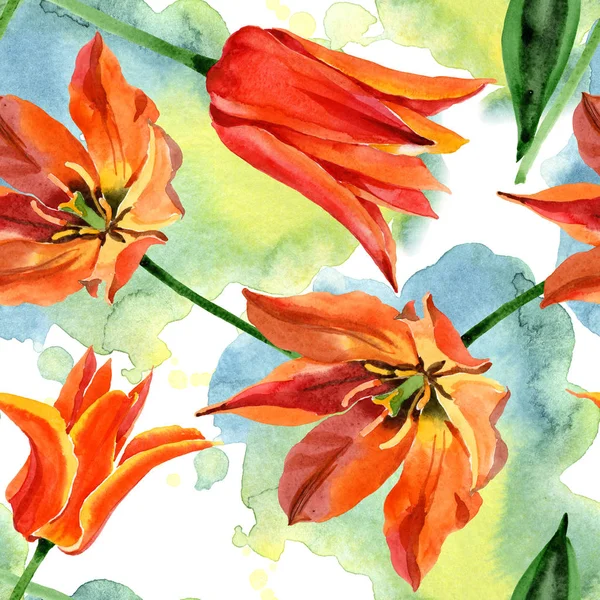 Orange tulip floral botanical flowers. Watercolor background illustration set. Seamless background pattern. — Stock Photo