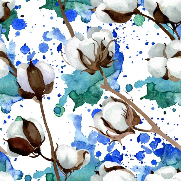 White cotton floral botanical flowers. Watercolor background illustration set. Seamless background pattern. — Stock Photo