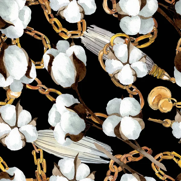 Fiori botanici floreali in cotone bianco. Acquerello sfondo illustrazione set. Modello di sfondo senza soluzione di continuità . — Foto stock