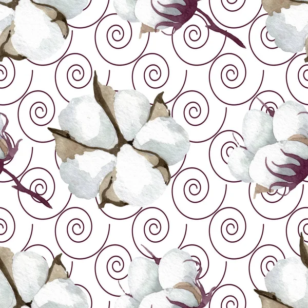 White cotton floral botanical flowers. Watercolor background illustration set. Seamless background pattern. — Stock Photo