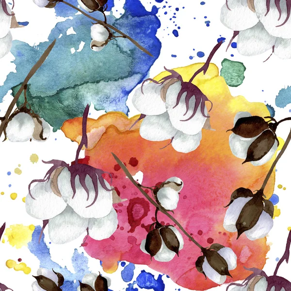 Flores botânicas florais de algodão branco. Conjunto de ilustração de fundo aquarela. Padrão de fundo sem costura . — Fotografia de Stock